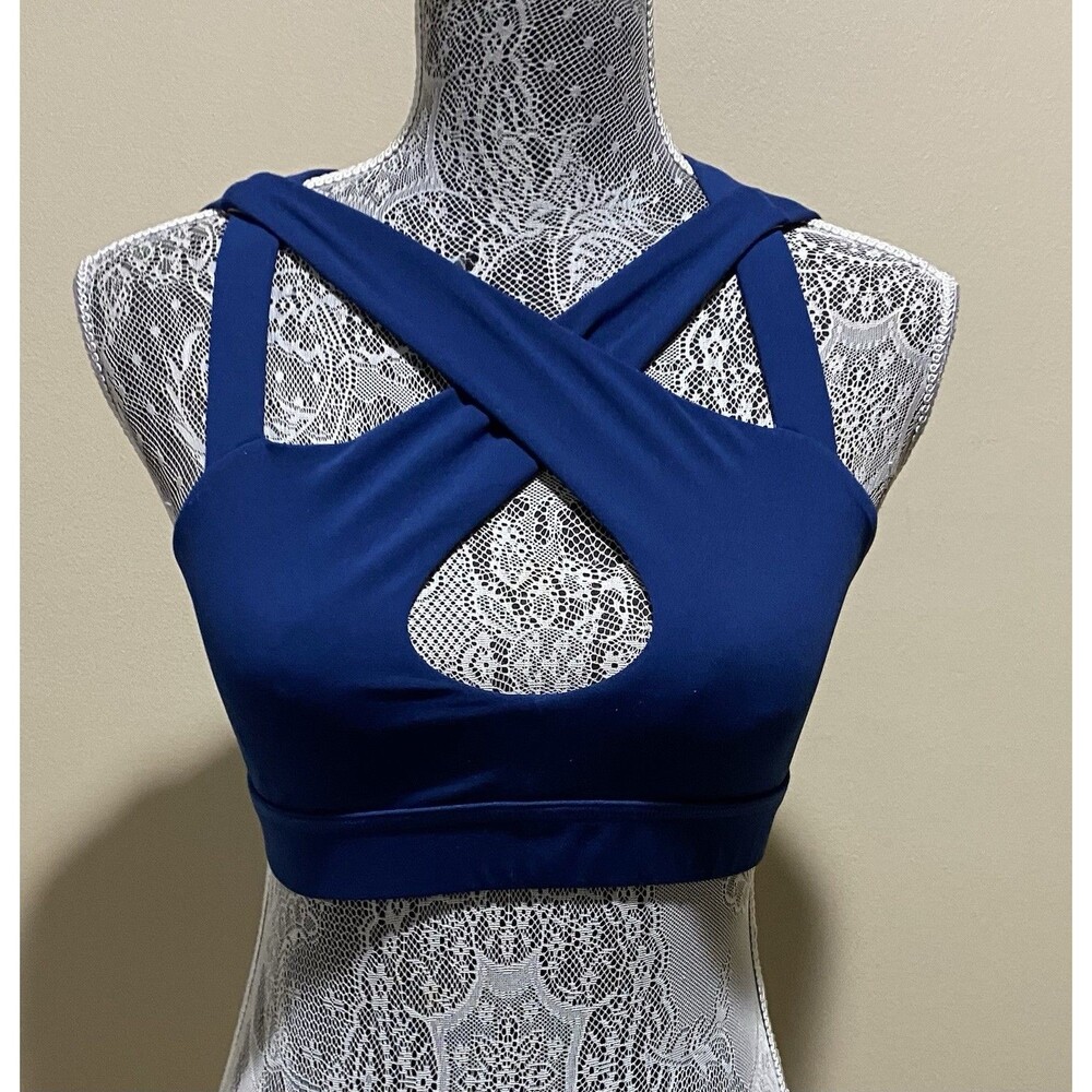 Core 10 Womens S Athletic Bra Blue Open Back Cage Strap Workout Gym Yoga Running